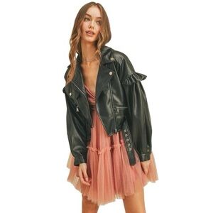 Women’s Chic Black Leather Jacket with Ruffle Sleeves Pockets Snap Buttons